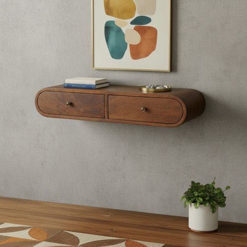 32" Chestnut Solid Wood Floating Wall Mount Console Table With Two Drawers