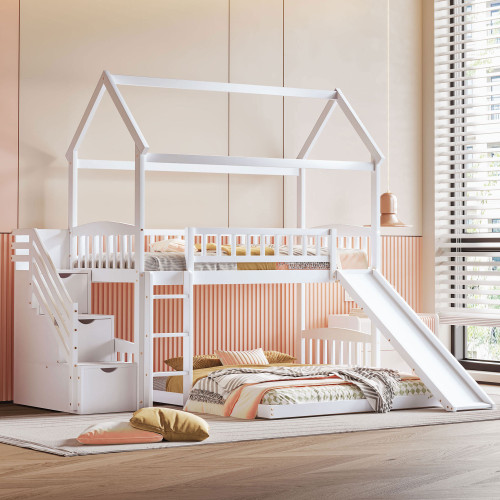 White Full Over Twin Solid Wood Bunk Bed With Stairs And Slide And Drawers And Storage