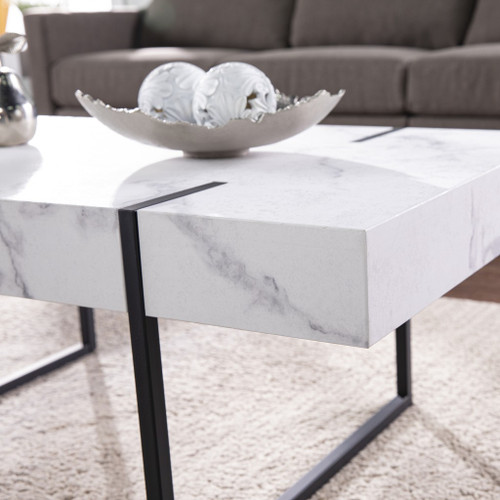 Homeroots Living Room 43" White Faux Marble and Metal Rectangular Coffee Table, White Finish