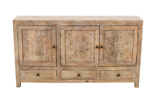 64" White Distressed Solid Wood Carved Floral Three Drawer Sideboard with Three Doors