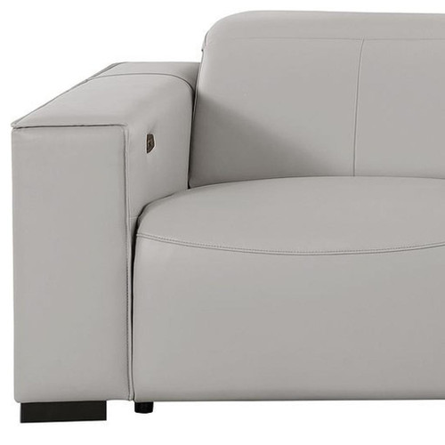 110" Light Gray Top Grain Leather Reclining Metal USB Sofa