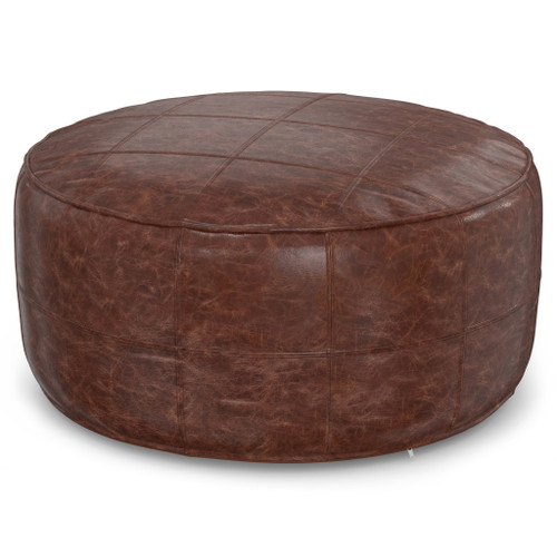 34" Brown Leather Round Pouf Ottoman