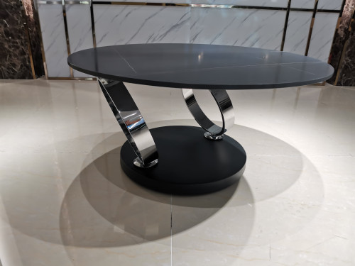 32" Black Ceramic Tile And Metal Round Coffee Table