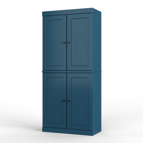 72" Teal Blue Solid Wood Four Door Two Drawer Pantry Or Storage Closet
