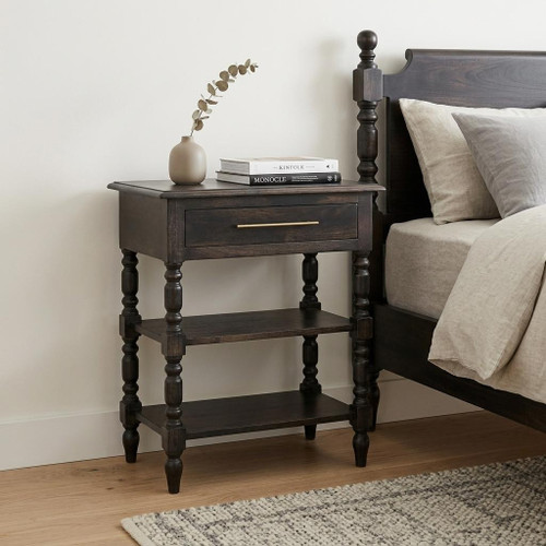 28" Dark Brown Solid Wood One Drawer Nightstand