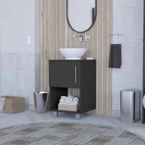 18" Black Wood Freestanding Single Door Bathroom Vanity With White Sink