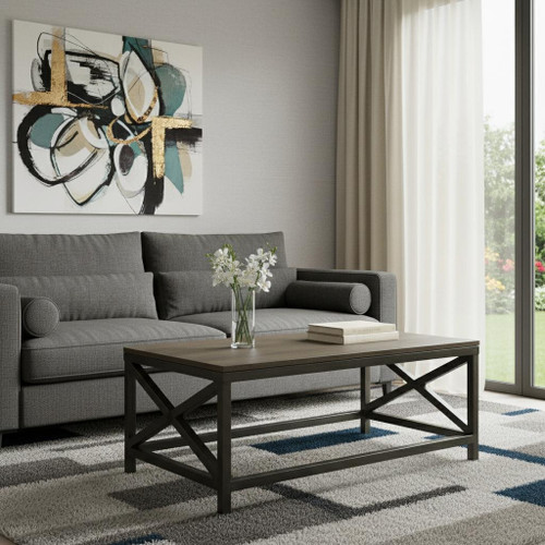 43" Natural and Black Solid Wood and Iron Coffee Table