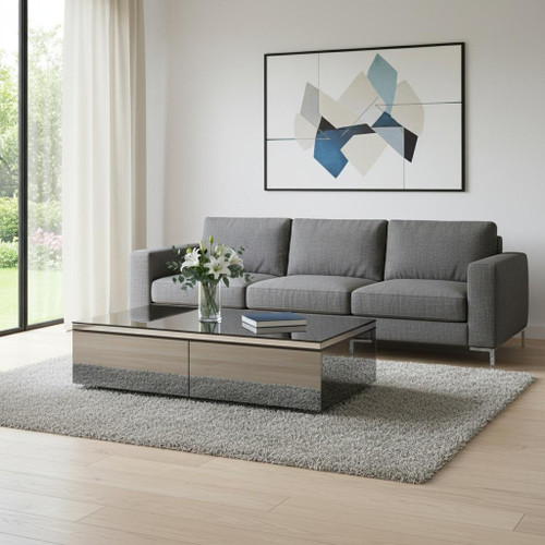 26" Gray And Silver Glass And Metal Mirrored Coffee Table With Two Drawers