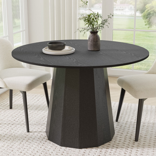 46" Black Solid Wood Pedestal Base Round Top Dining Table