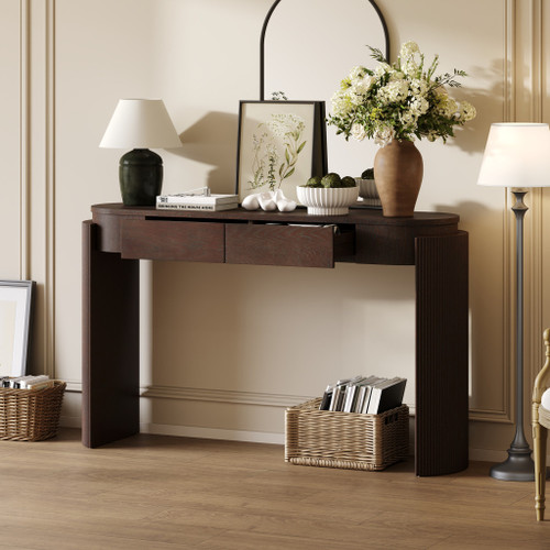 55" Espresso Wood Double Pedestal Console Table With Two Drawers