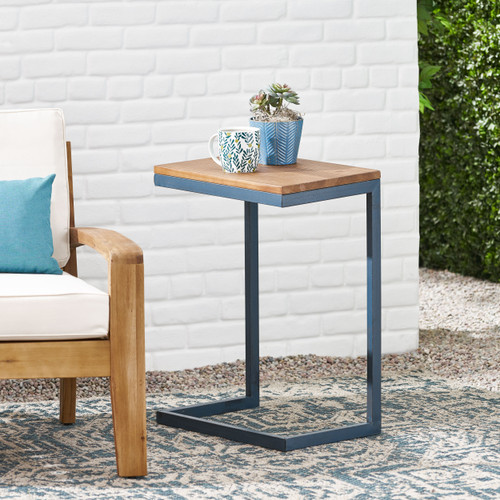 26" Walnut and Blue Wood and Iron End Table
