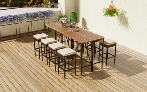 Nine Piece Natural and Black Wood Dining Set with Eight Chairs