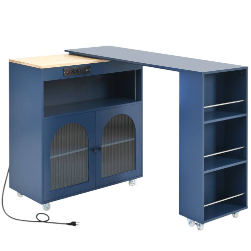 33" Navy Blue Wood Barn Door Rolling Kitchen Island With Storage With USB