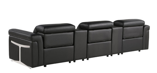 126" Black Top Grain Leather Reclining Metal USB Sofa