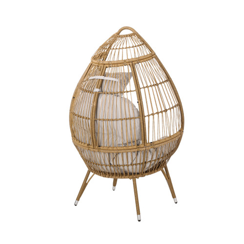 37" Beige Metal Outdoor Egg Chair with Beige Cushion