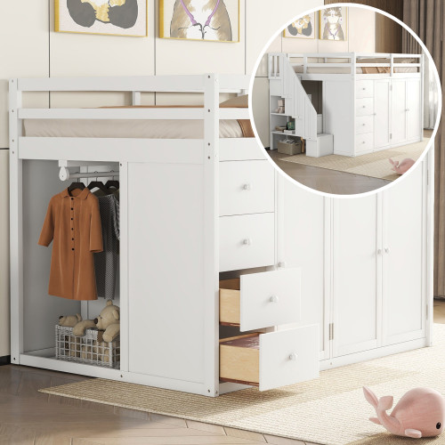 White Four Poster Wood Full Double Loft Bed with Shelves