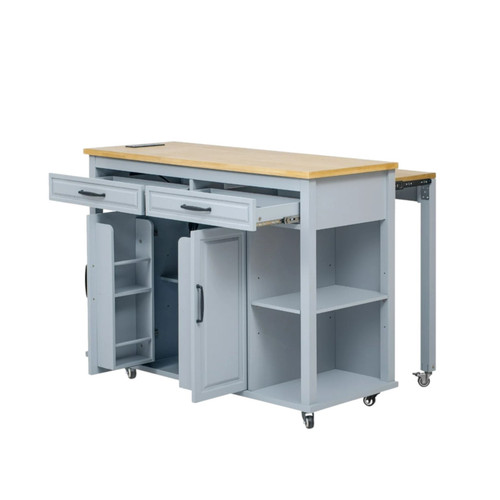 47" Light Blue Wood Barn Door Rolling Kitchen Island With Storage With USB
