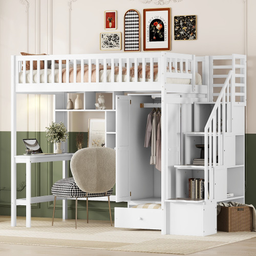 White Four Poster Wood Twin Loft Bed with Desk and Shelves