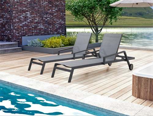 Set of Two Gray Aluminum Three Position Adjustable Sling Outdoor Stacking Chaise Lounges