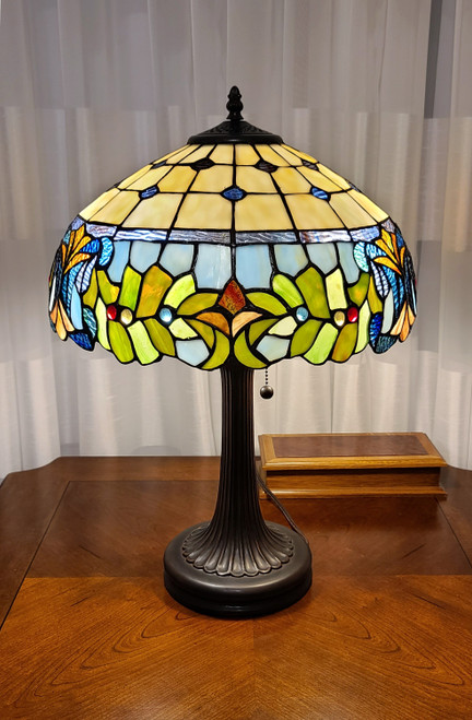 Homeroots Lighting 23" Stained Glass Two Light Jeweled Floral Accent Table Lamp, Tiffany Style, Dark Brown Base
