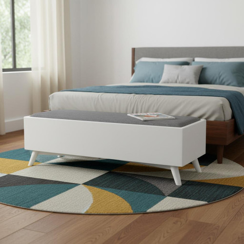 59" White Linen and Wood Upholstered Storage Bench with Drawers
