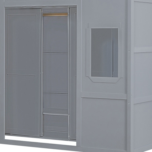 Gray Four Poster Wood Twin Loft Bed With Drawer And Cabinet