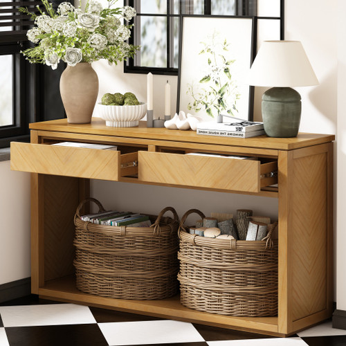 55" Natural Wood Pedestal Console Table With Two Drawers