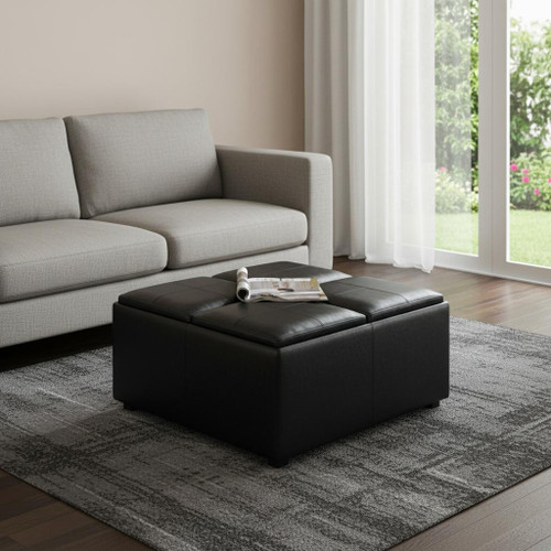 35" Black and Dark Brown Leather Cocktail Ottoman With Storage
