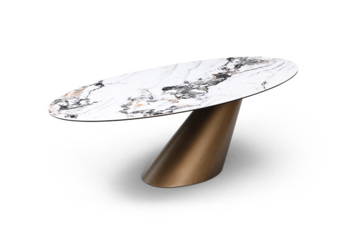 94" Gold Gray White and Bronze Ceramic and Steel Pedestal Base Oval Dining Table