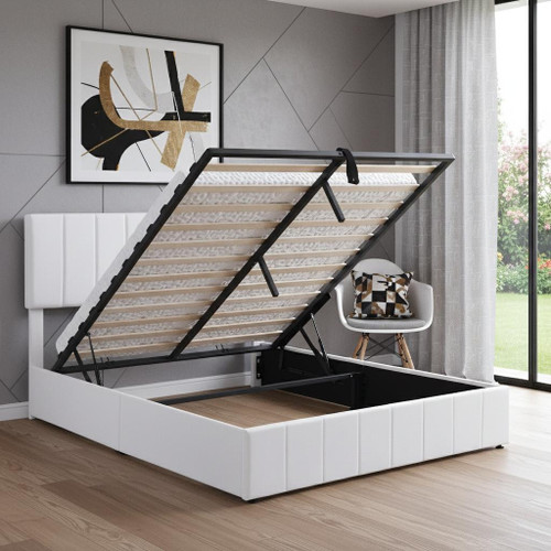 White Linen Upholstered Queen Bed Frame