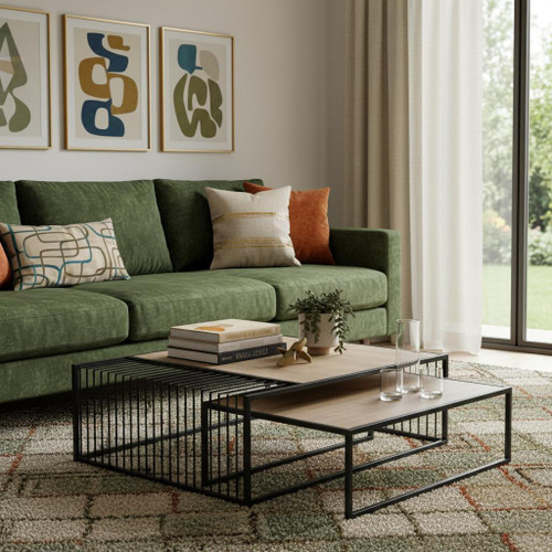 Set Of Two Brown and Black Solid Wood and Iron Square Frame Nested Coffee Tables