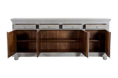 102" Gray Distressed Solid Wood Carved Floral Four Drawer Sideboard With Four Doors