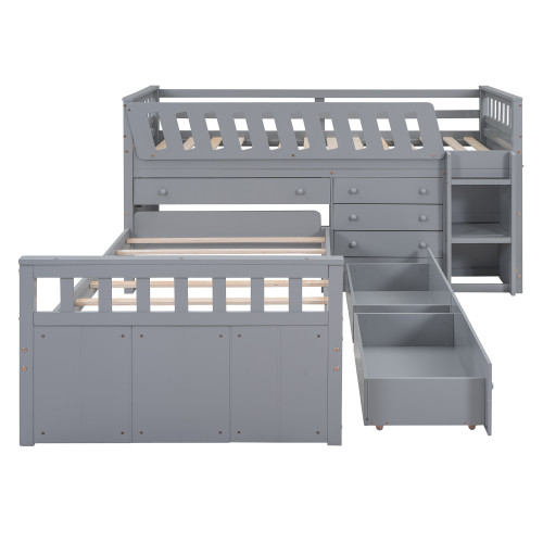 Gray Four Poster Wood Twin Loft Bed with Desk and Shelves