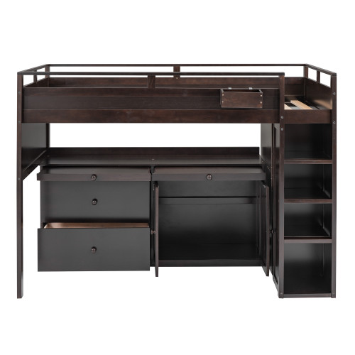 Espresso Platform Wood Full Double Loft Bed with Desk and Shelves