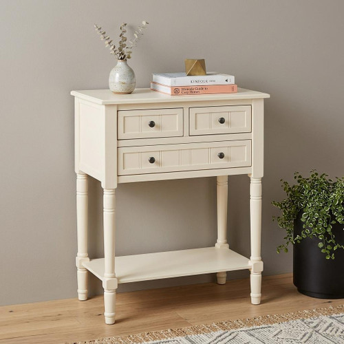 24" Beige Wood Console Table With Shelf And Three Drawers