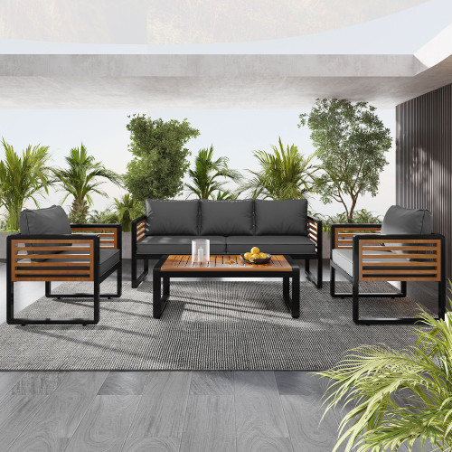Three Piece Outdoor Gray Metal Sofa Seating Group with Gray Cushions
