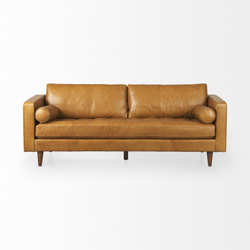 88" Brown Leather Sofa With Toss Pillows