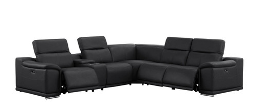 Black Leather Power Reclining L Shaped Six Piece Corner Sectional With Console