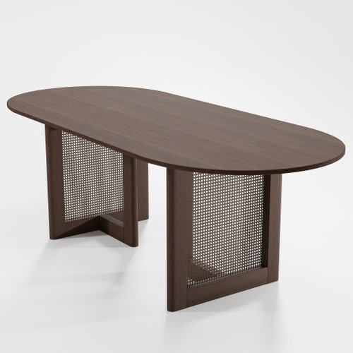 79" Brown Solid Wood and Rattan Double Pedestal Base Oval Dining Table