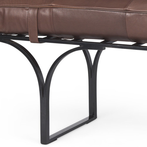 55" Dark Brown and Black Genuine Leather and Metal Upholstered Bench