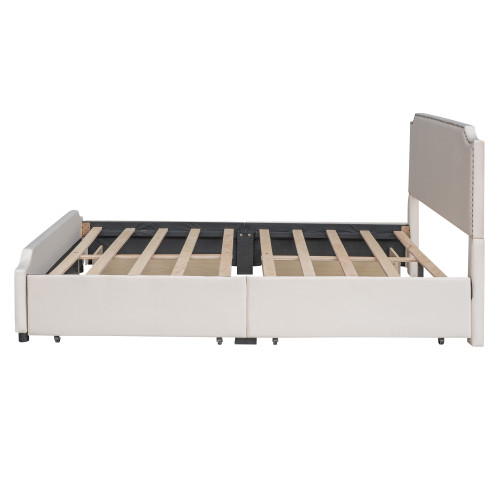 Beige Tufted Upholstered Queen Bed Frame With Drawers