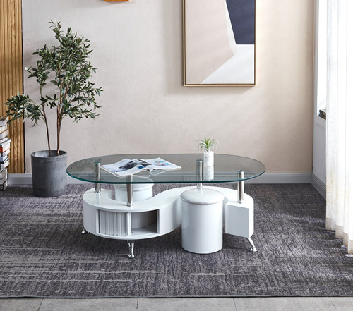 28" Unfinished and White Mirrored Glass Wood and Stainless Steel Oval Coffee Table