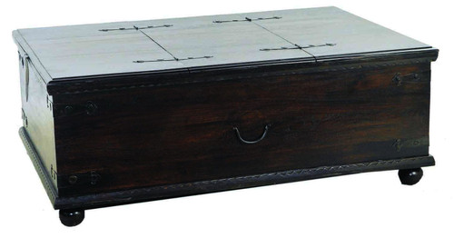 54" Dark Brown Solid Wood Distressed Lift Top Trunk Coffee Table