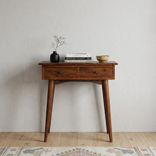 28" Brown Solid Wood Solid Console Table With Shelf And Drawer