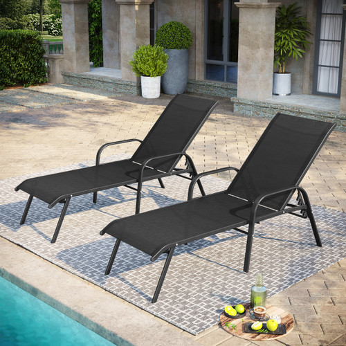 Set of Two Black Aluminum Six Position Adjustable Outdoor Chaise Lounges