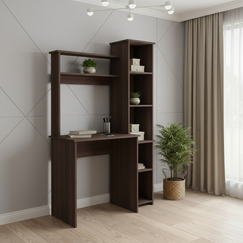 39" Dark Brown Wood Writing Desk and Bookshelf Set
