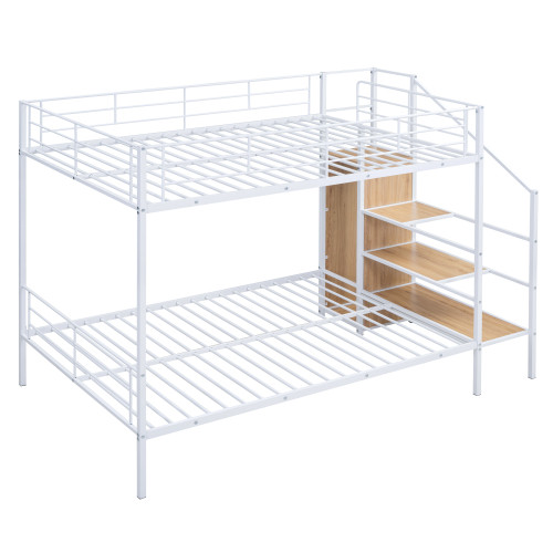 White Full Over Full Metal Bunk Bed With Stairs And Storage