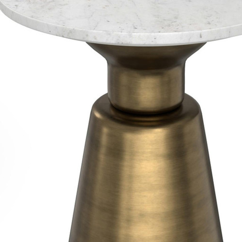 20" Antique White and Antiqued Brass Distressed Marble and Iron Round Pedestal End Table And Trunk Storage