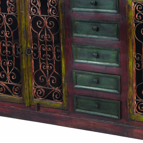 82" Red Distressed Solid Wood Five Drawer Buffet Table with Four Doors