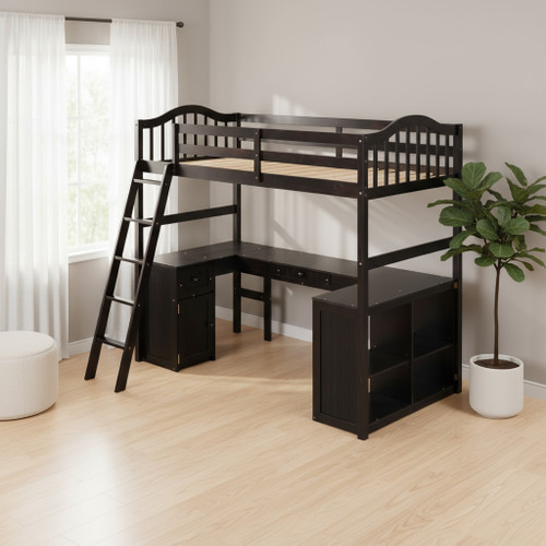 Espresso Platform Wood Twin Loft Bed with Desk and Shelves